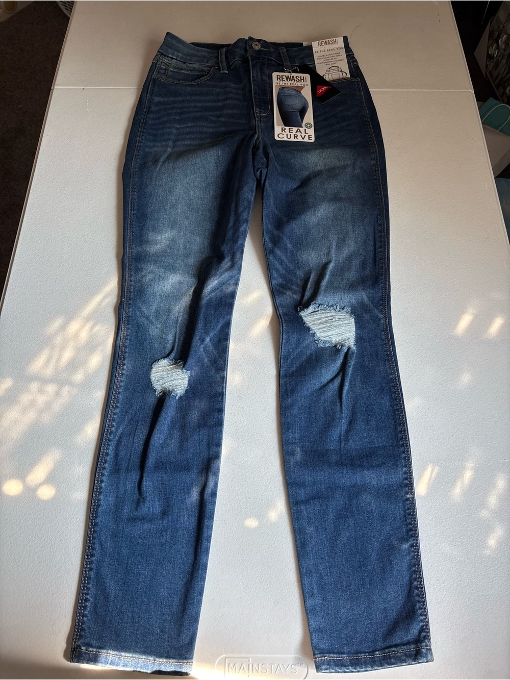 Rewash Women’s Straight Leg Jeans in Dark Blue with Distressed Knees